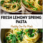 Bowl of Spring Pea Pasta with mint leaves, lemon zest, and steamed peas in a light sauce.